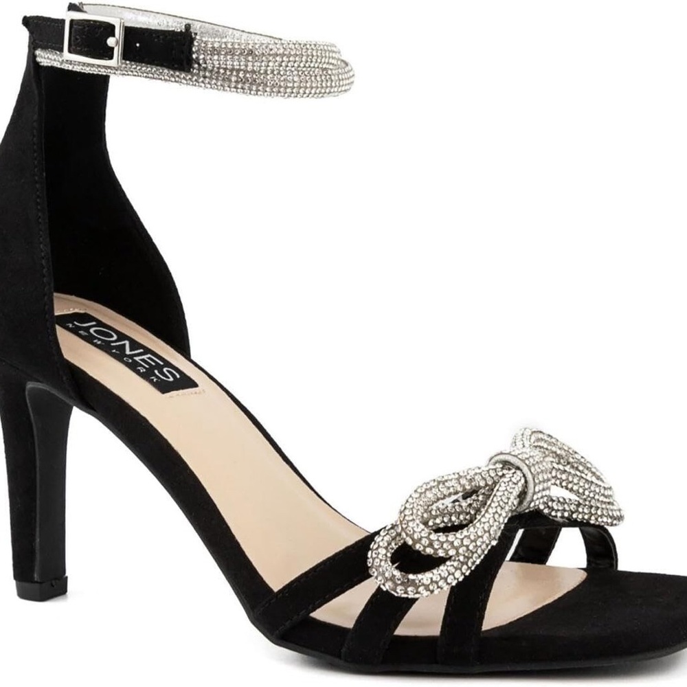 Jones New York Black Suede Ankle-Strap Heel with Silver Crystal Bow